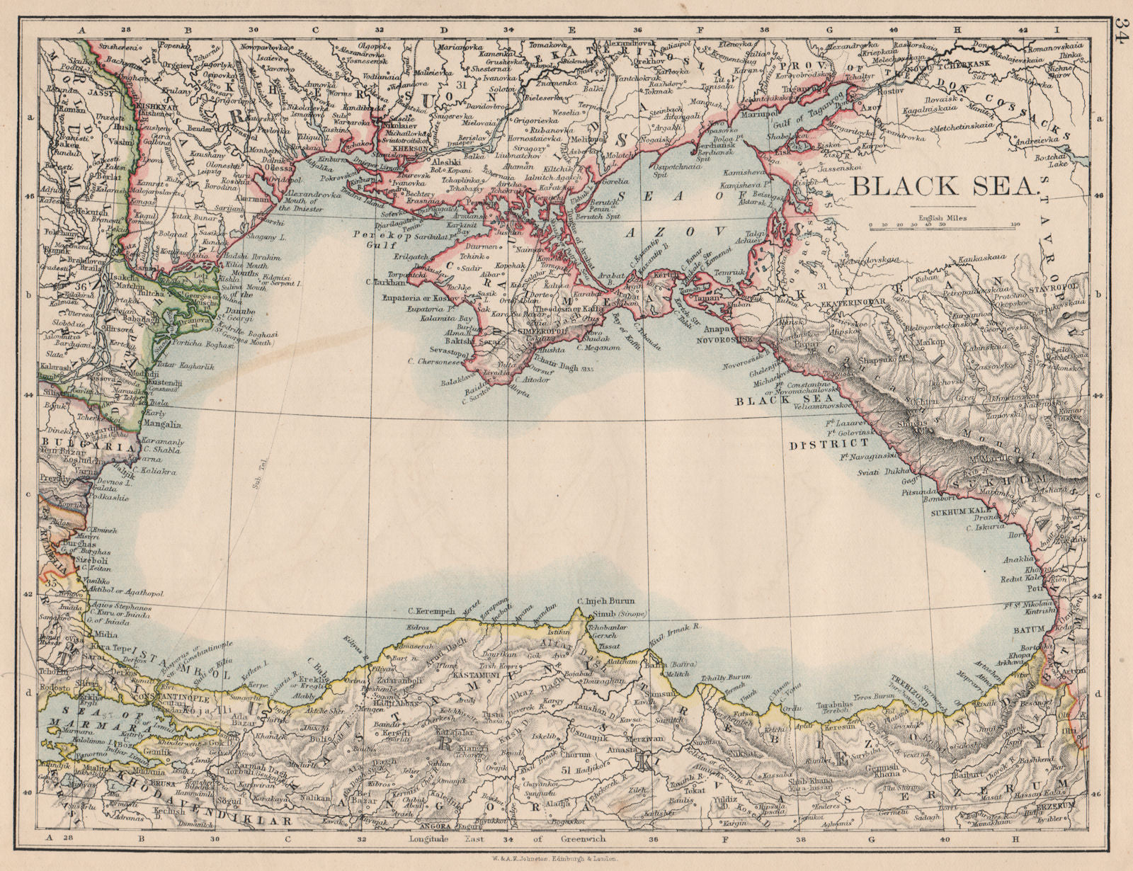 BLACK SEA. Russia Turkey Crimea Romania Bulgaria Kutais. JOHNSTON 1895 old map